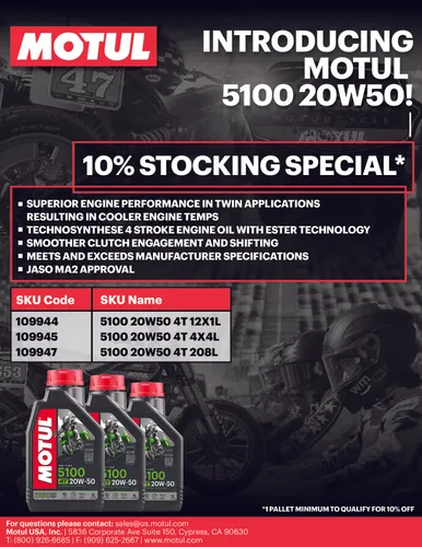 Motul 5100 4T Synthetic Blend 20W50 Motor Engine Oil 4 Liter 1 Gallon