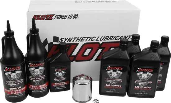 Klotz Premium Synthetic Oil Service Kit Chrome Filter 20W50 4qt